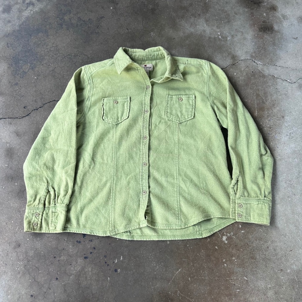 Woolrich Button Down Shirt Womens L Green Excellent Flannel Style Long Sleeve